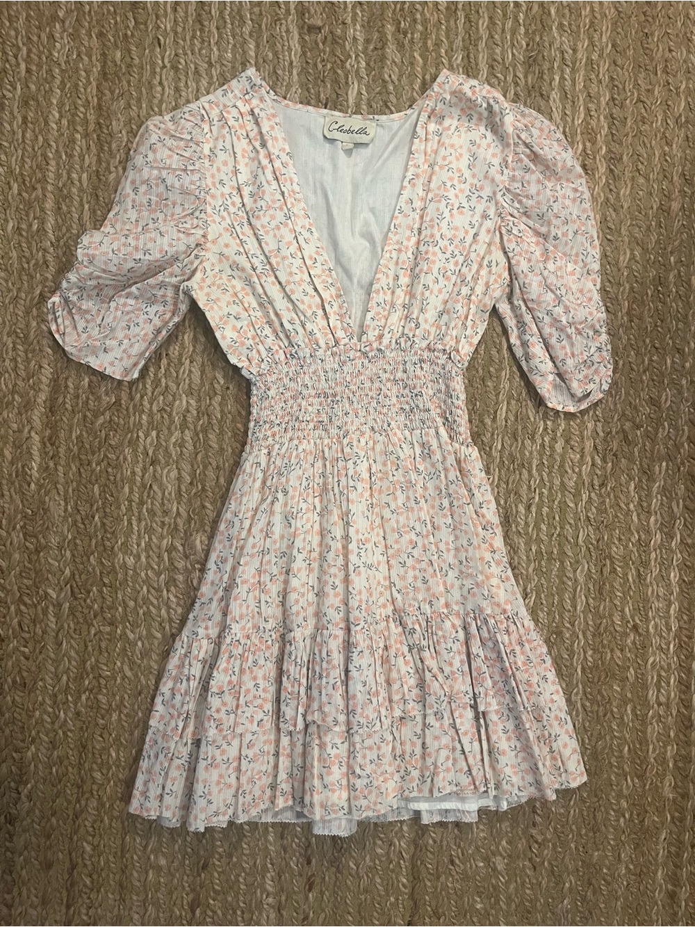 Cleobella Light Pink Floral Smocked V‑Neck Mini Dress